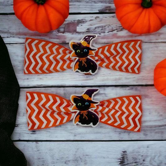 Large Cute Orange Striped Halloween Cat Clip In Bow For Girls And Women, Single Or Set Of 2 - Moon & Starr Handcrafted Jewelry && More!