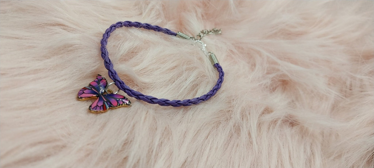 Purple Butterfly Charm Bracelet For Women Gifts For Her Adjustable Length Faux Leather Woven Bracelet - Moon & Starr Handcrafted Jewelry && More!