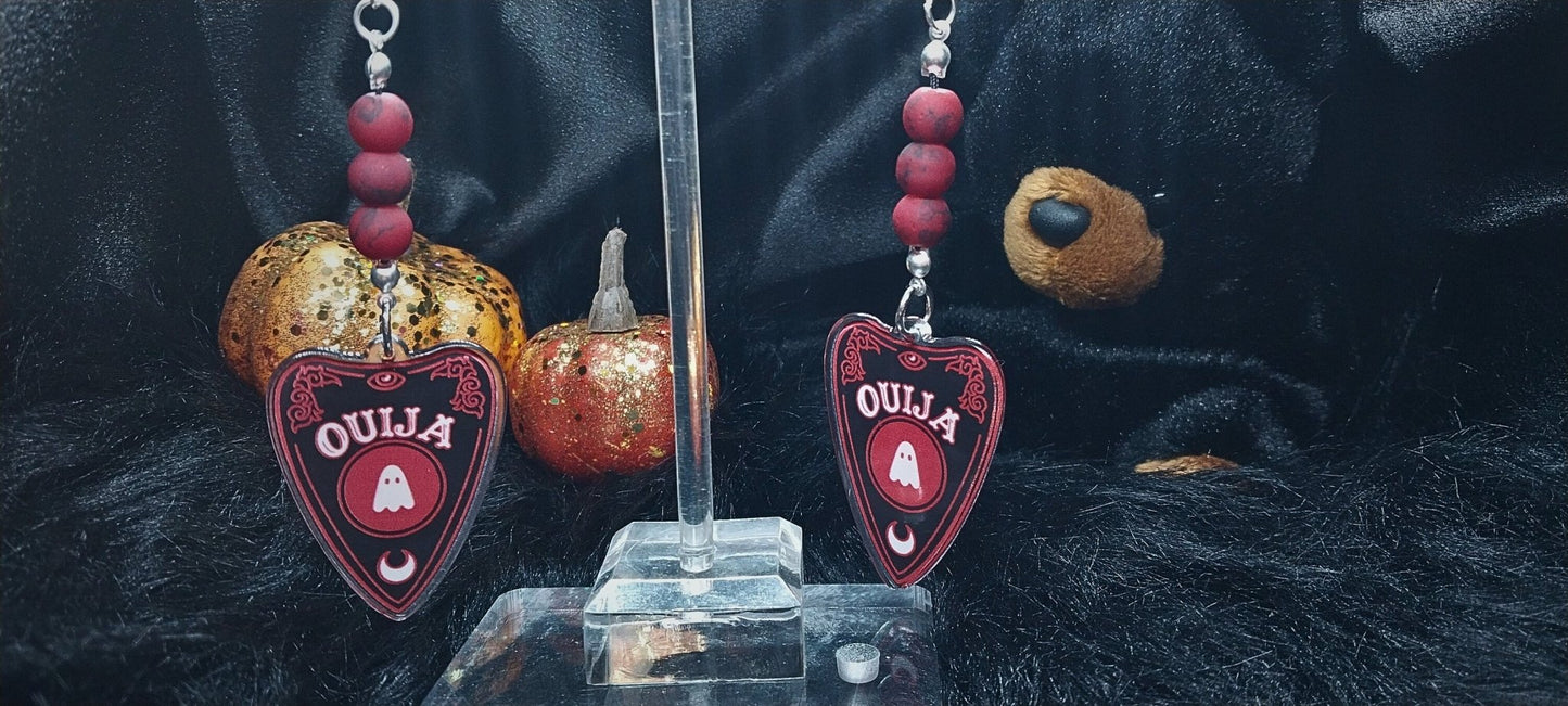 Red and Black Beaded Ouija Planchette Halloween Dangle Earrings For Women 925 Silver Ear Wire Goth/Punk/Alt Jewelry - Moon & Starr Handcrafted Jewelry && More!