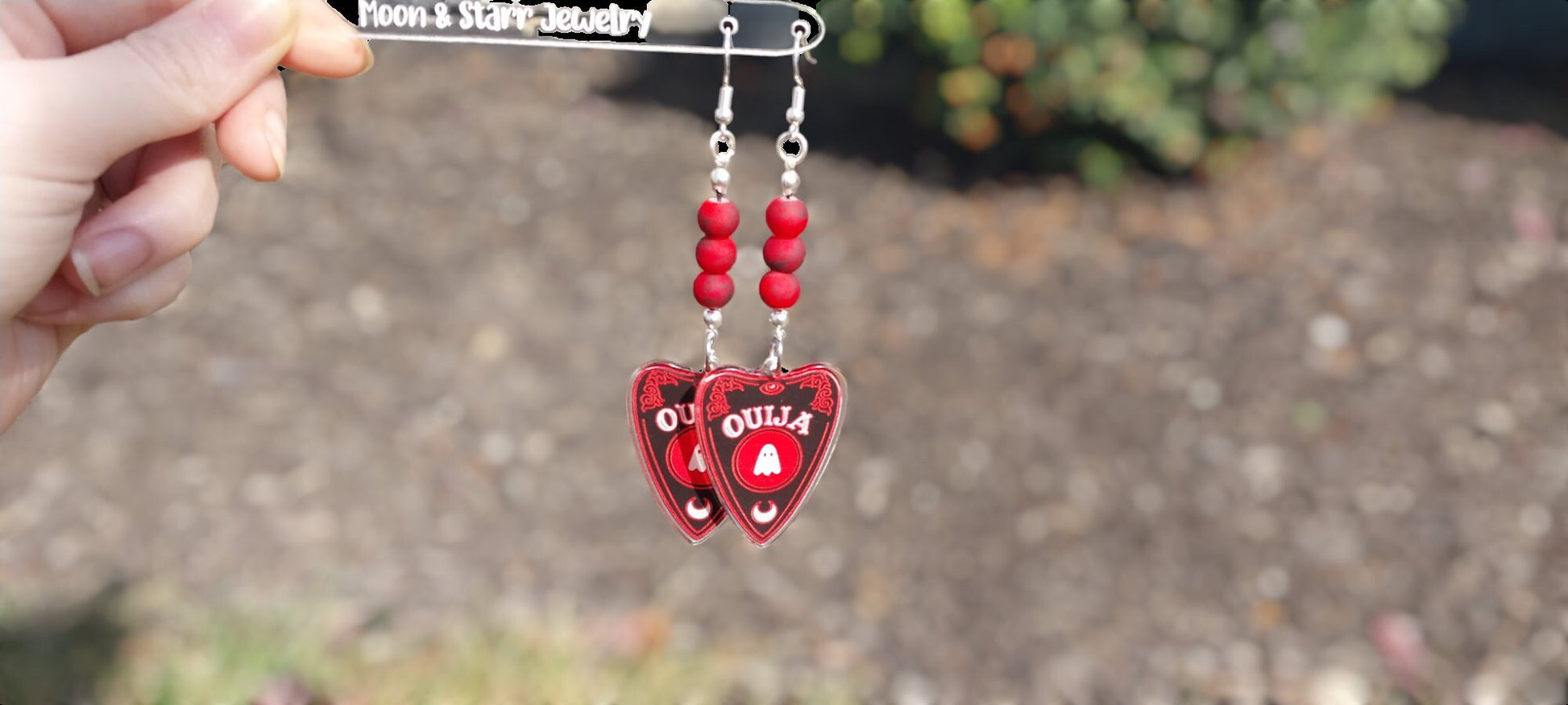 Red and Black Beaded Ouija Planchette Halloween Dangle Earrings For Women 925 Silver Ear Wire Goth/Punk/Alt Jewelry - Moon & Starr Handcrafted Jewelry && More!