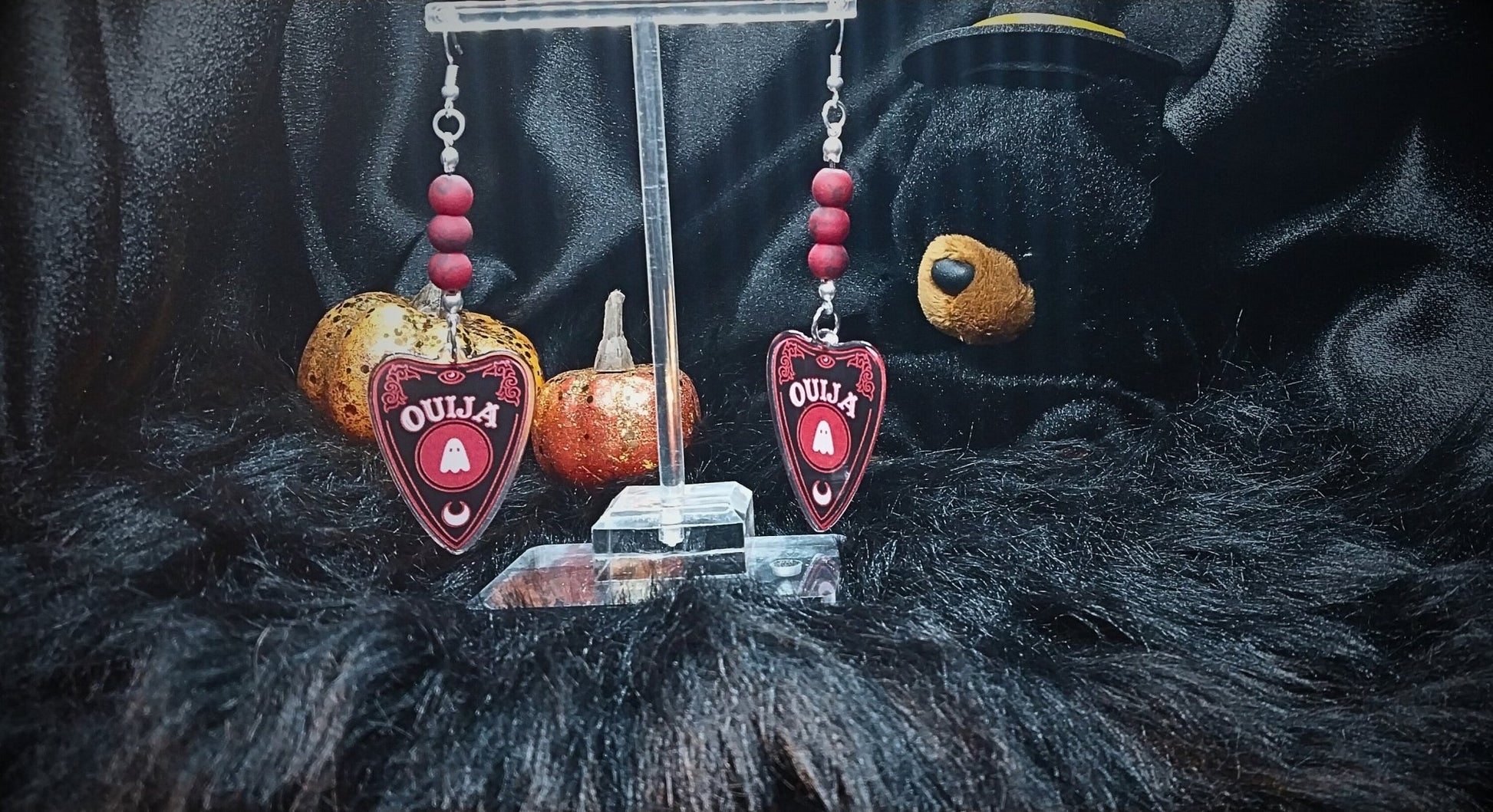 Red and Black Beaded Ouija Planchette Halloween Dangle Earrings For Women 925 Silver Ear Wire Goth/Punk/Alt Jewelry - Moon & Starr Handcrafted Jewelry && More!