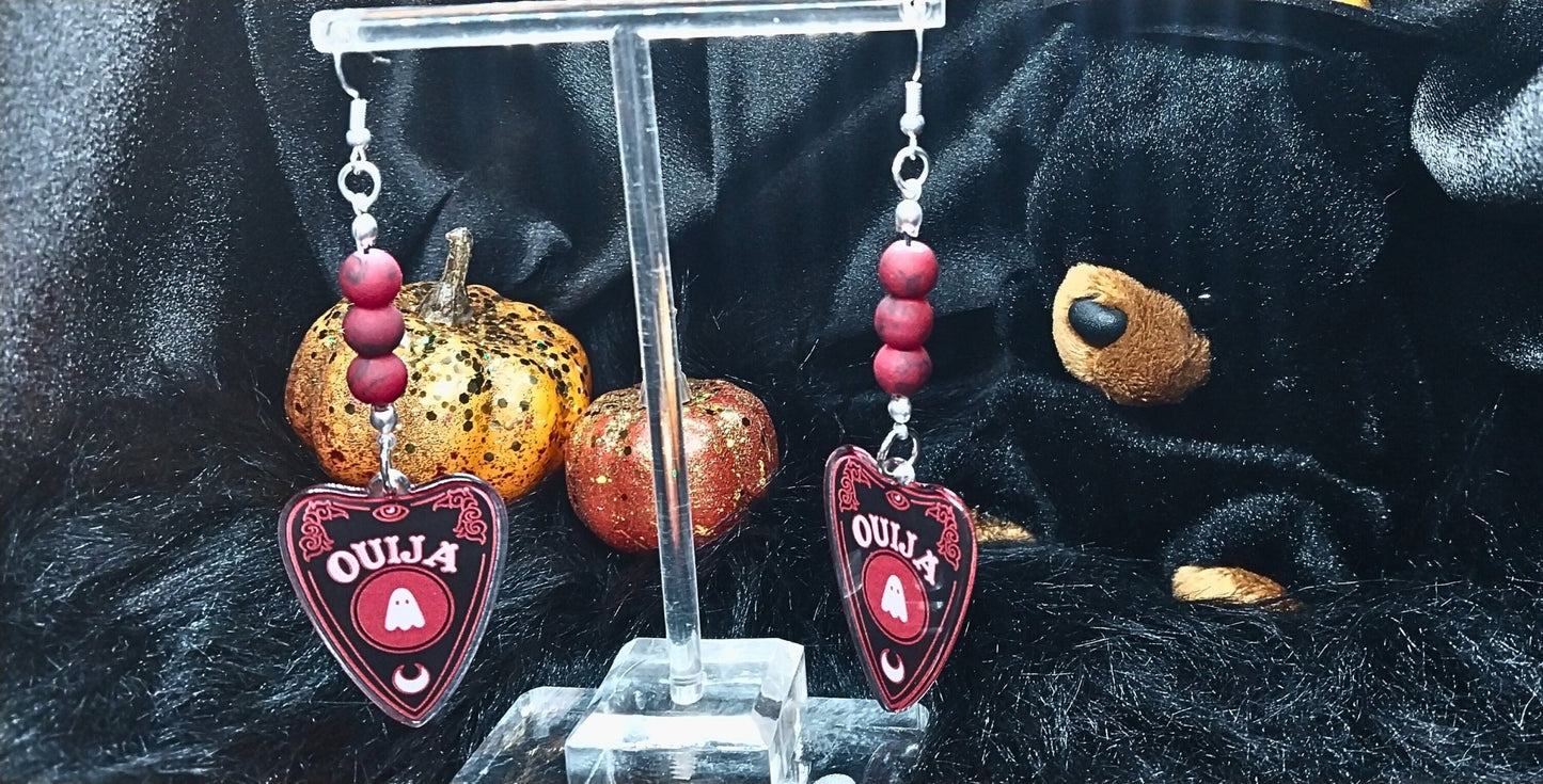 Red and Black Beaded Ouija Planchette Halloween Dangle Earrings For Women 925 Silver Ear Wire Goth/Punk/Alt Jewelry - Moon & Starr Handcrafted Jewelry && More!