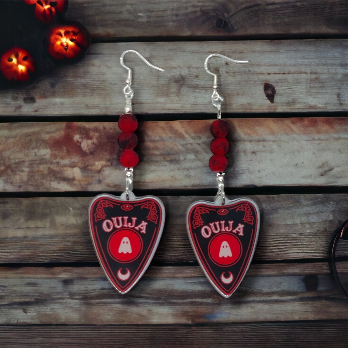 Red and Black Beaded Ouija Planchette Halloween Dangle Earrings For Women 925 Silver Ear Wire Goth/Punk/Alt Jewelry - Moon & Starr Handcrafted Jewelry && More!