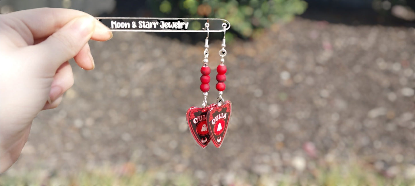 Red and Black Beaded Ouija Planchette Halloween Dangle Earrings For Women 925 Silver Ear Wire Goth/Punk/Alt Jewelry - Moon & Starr Handcrafted Jewelry && More!