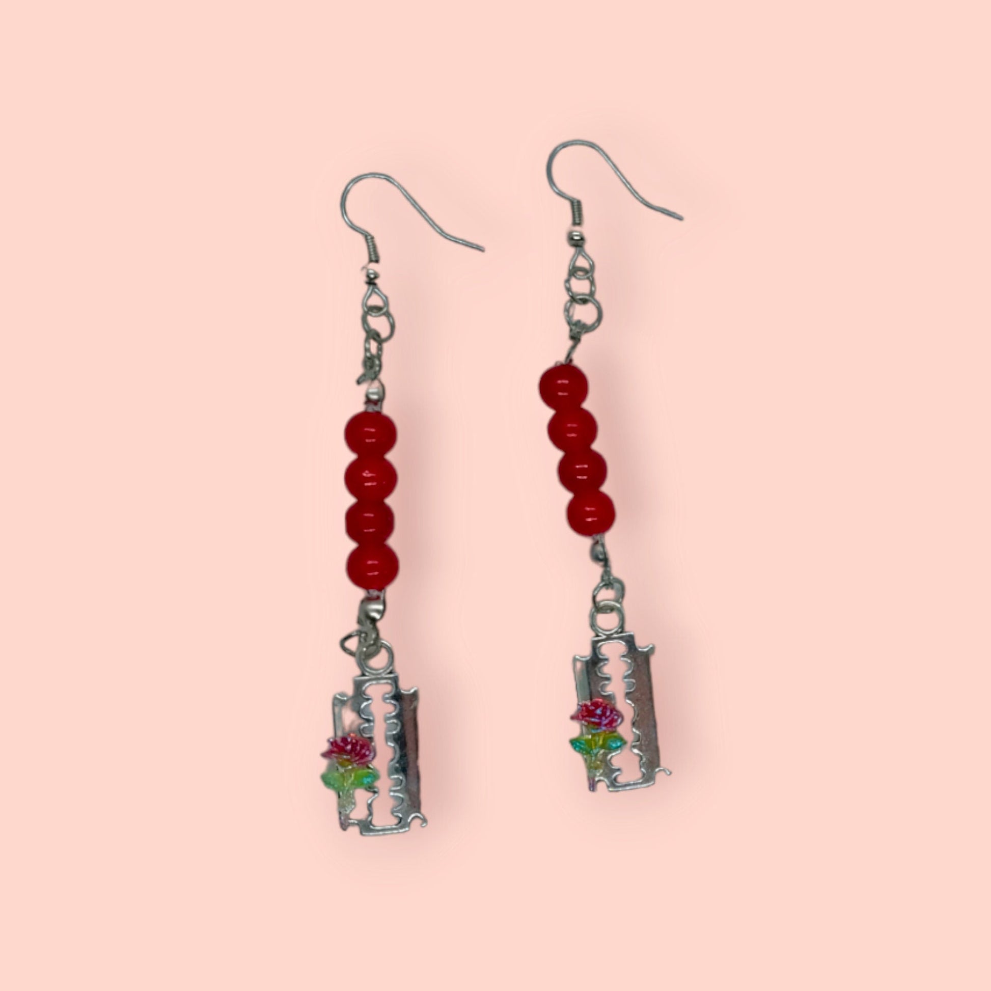 Red Glass Beaded Rose Razor Charm Dangle Earrings Emo Goth Alt Punk Halloween Earrings For Women Unique Handmade Jewelry - Moon & Starr Handcrafted Jewelry && More!