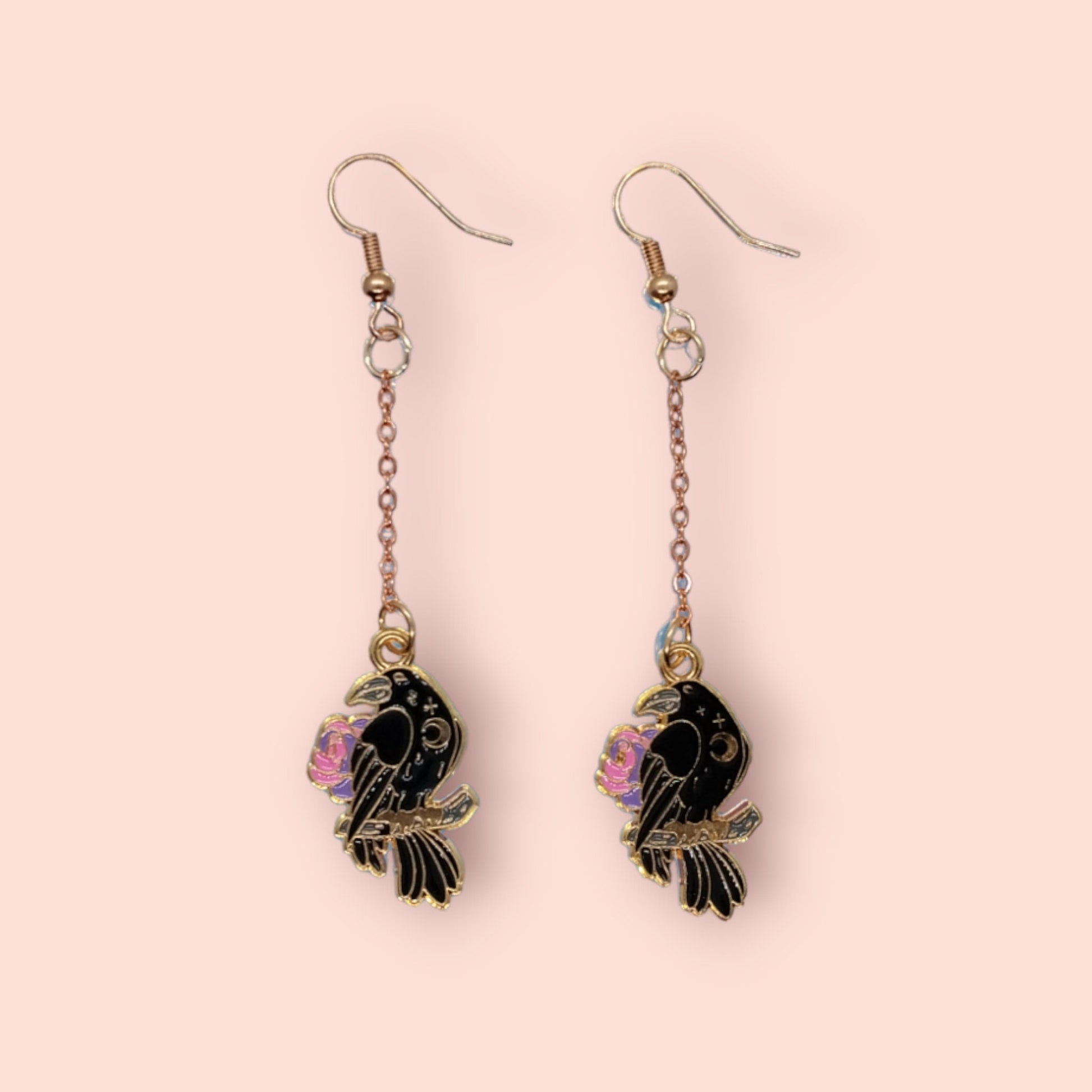 Rose Gold Colored Raven Chain Dangle Earrings - Moon & Starr Handcrafted Jewelry && More!