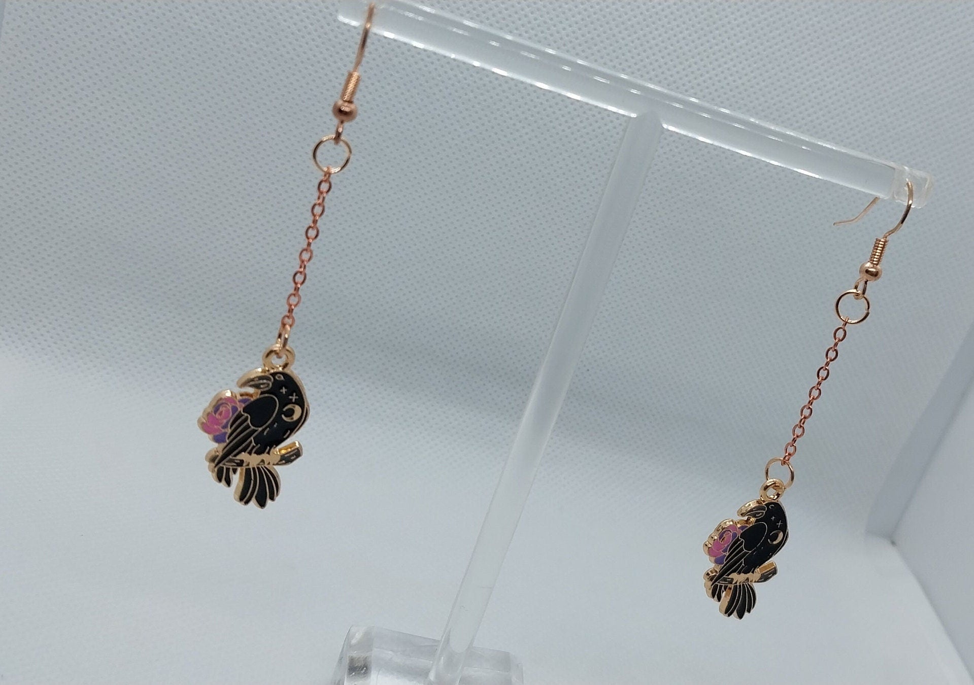 Rose Gold Colored Raven Chain Dangle Earrings - Moon & Starr Handcrafted Jewelry && More!