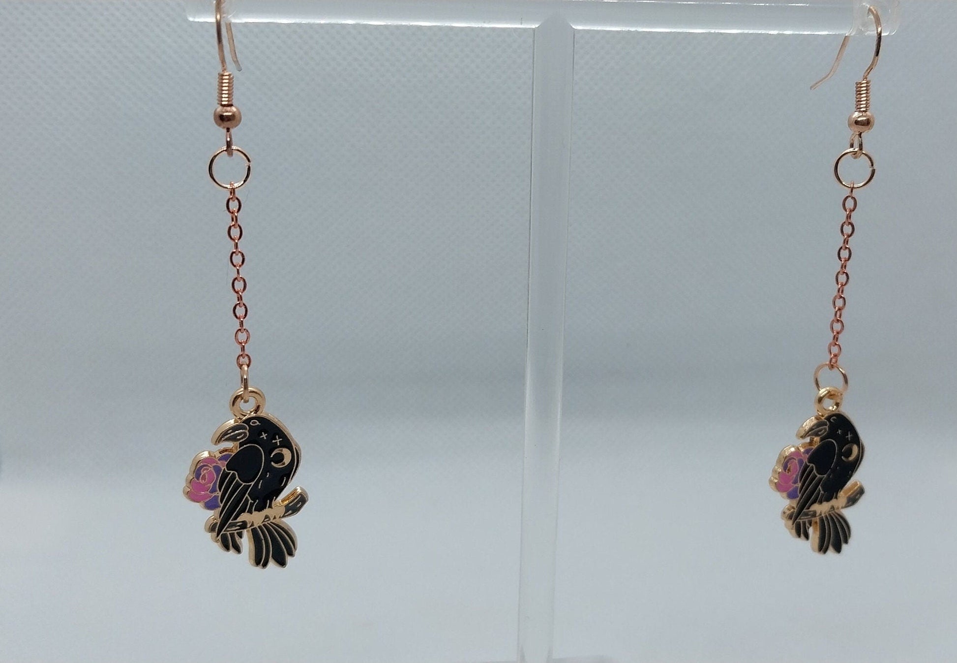 Rose Gold Colored Raven Chain Dangle Earrings - Moon & Starr Handcrafted Jewelry && More!