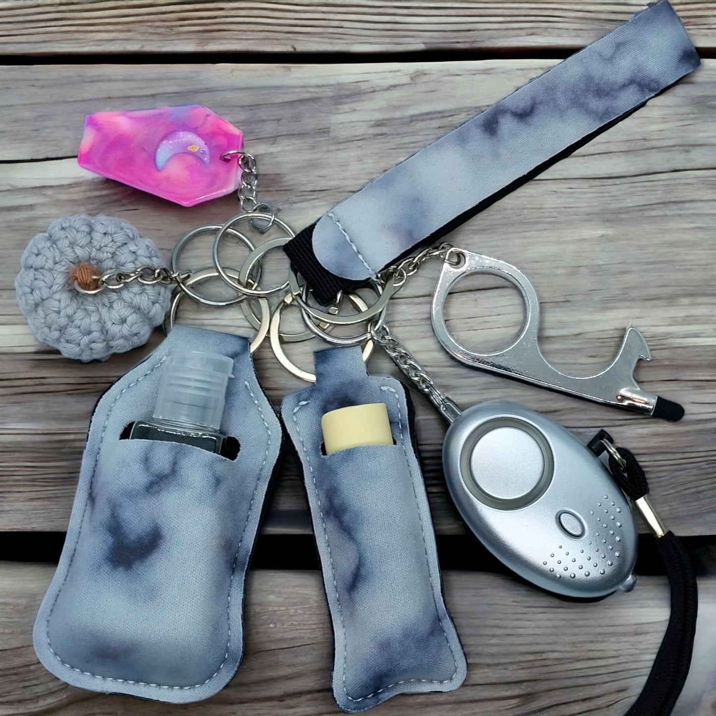 Safety Keychain for women, Cute self defense wristlet with Handmade accessories, chapstick and hand sanitizer holders, loud alarm/flashlight - Moon & Starr Handcrafted Jewelry && More!