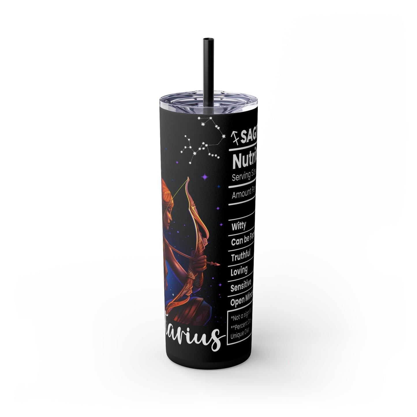 Sagittarius Nutrition Facts Skinny Tumbler with Straw, 20oz - Moon & Starr Handcrafted Jewelry && More!