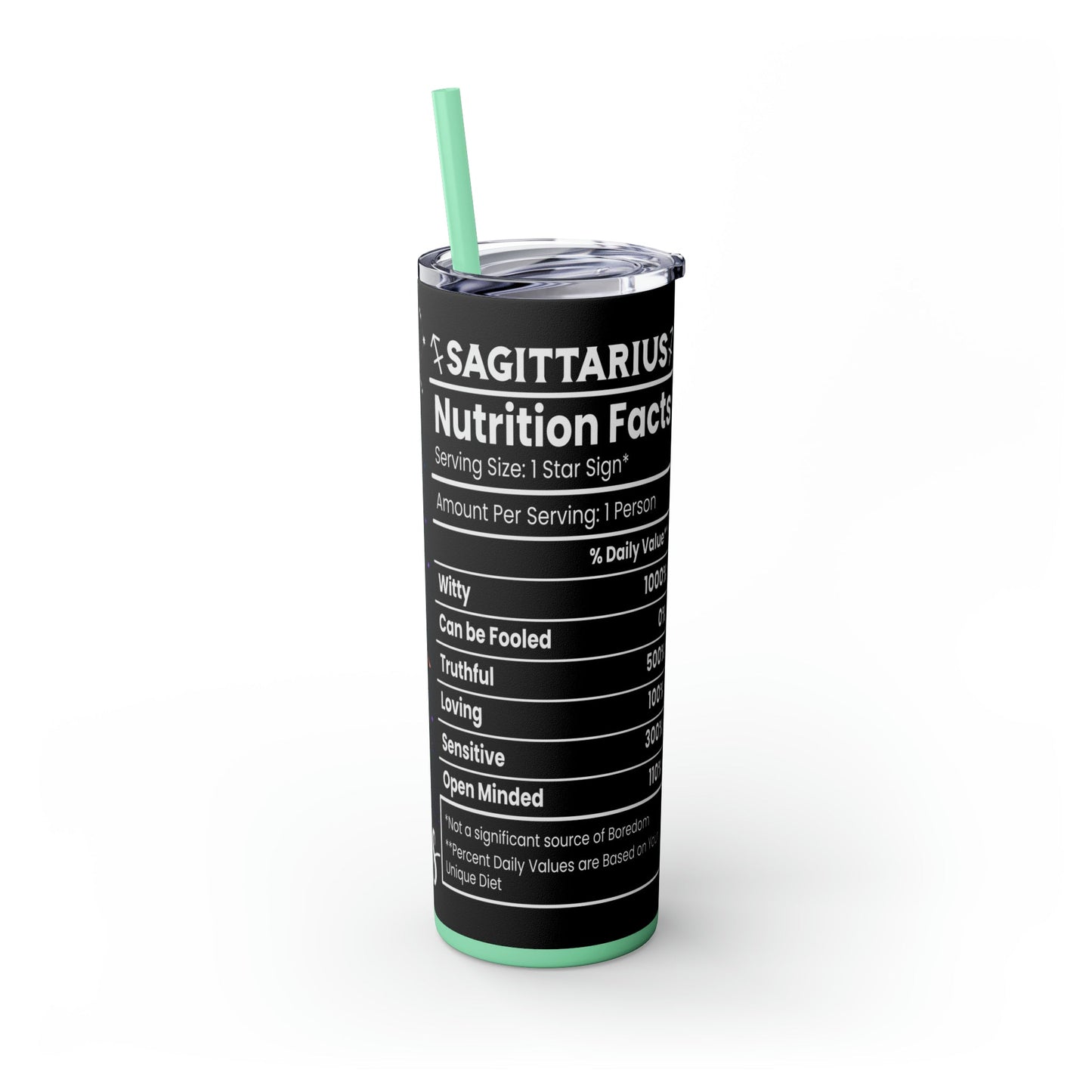 Sagittarius Nutrition Facts Skinny Tumbler with Straw, 20oz - Moon & Starr Handcrafted Jewelry && More!