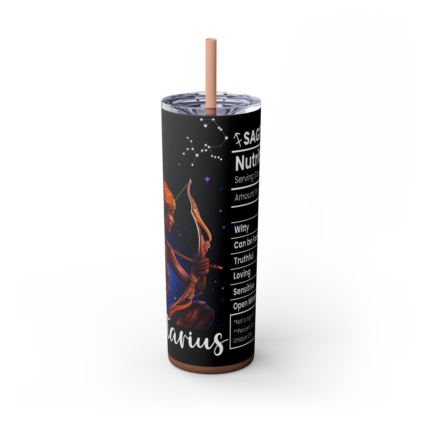 Sagittarius Nutrition Facts Skinny Tumbler with Straw, 20oz - Moon & Starr Handcrafted Jewelry && More!