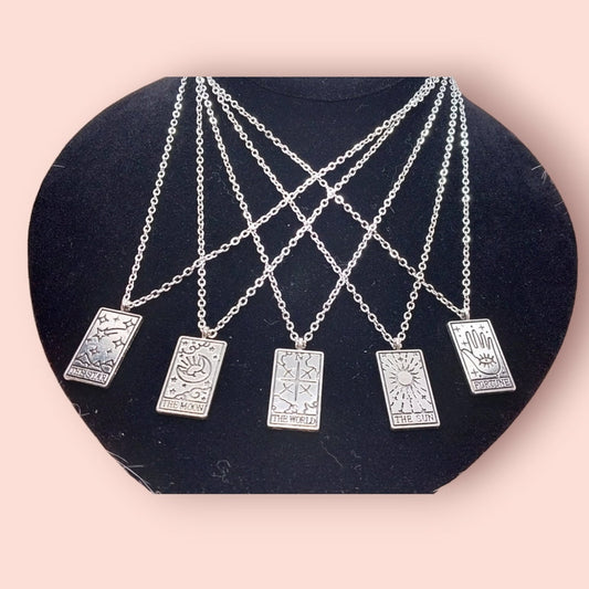 Silver Tarot Card Charm Necklaces on 15 In Chain, Witchy Goth Punk Necklace For Her, Pendant and Chains For Women - Moon & Starr Handcrafted Jewelry && More!