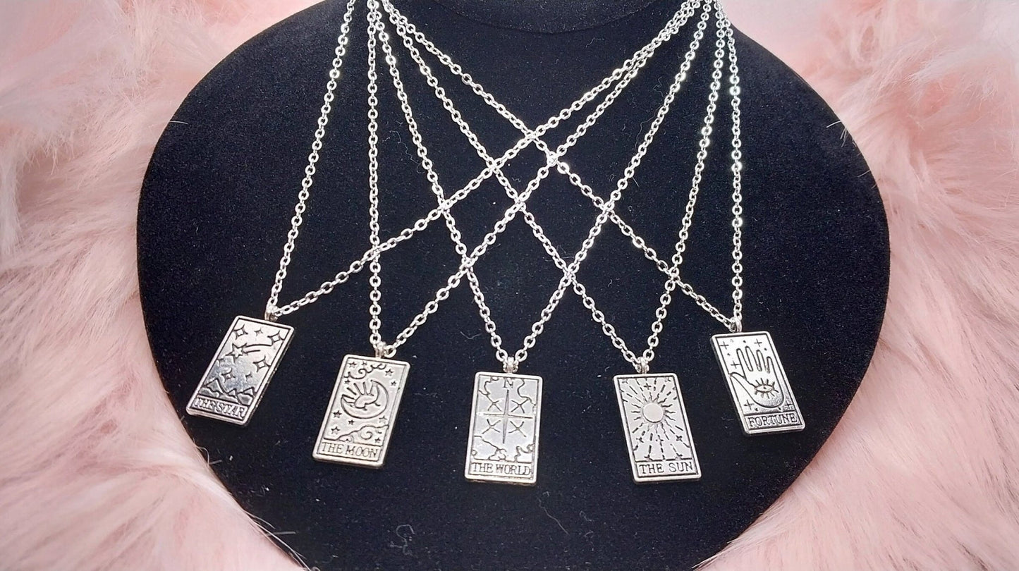 Silver Tarot Card Charm Necklaces on 15 In Chain, Witchy Goth Punk Necklace For Her, Pendant and Chains For Women - Moon & Starr Handcrafted Jewelry && More!