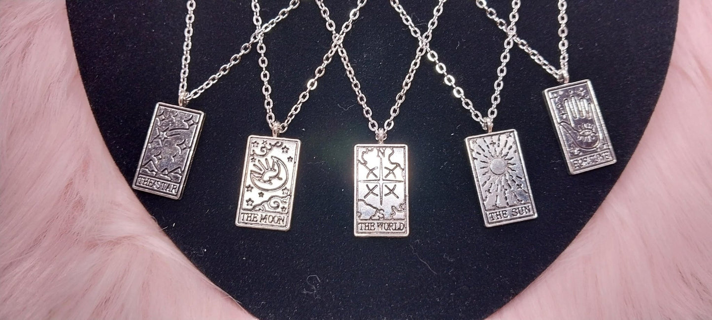 Silver Tarot Card Charm Necklaces on 15 In Chain, Witchy Goth Punk Necklace For Her, Pendant and Chains For Women - Moon & Starr Handcrafted Jewelry && More!