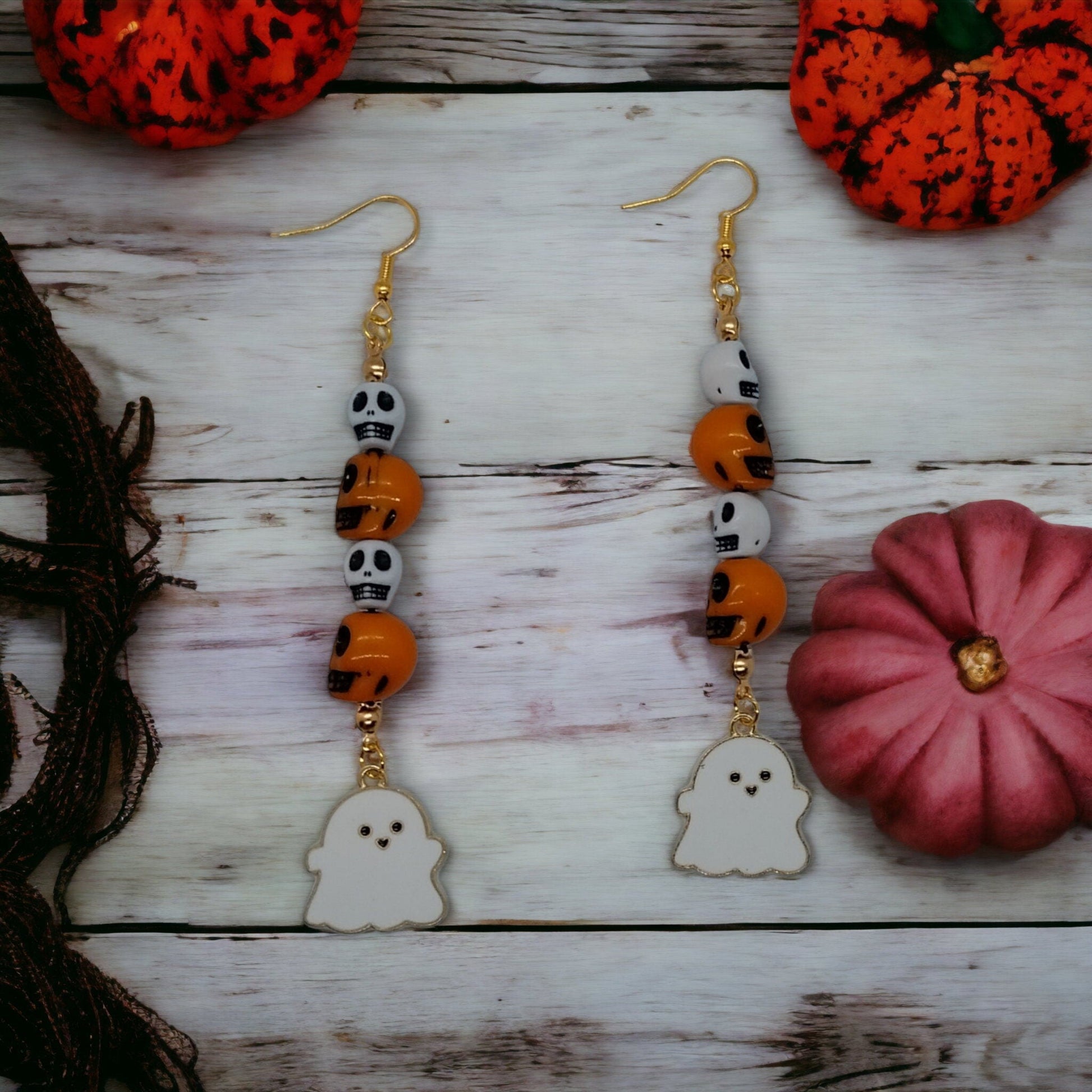 Skull Beaded Orange and White Ghost Charm Halloween Dangle Earrings For Goth/Emo/Punk/Alt Women - Moon & Starr Handcrafted Jewelry && More!