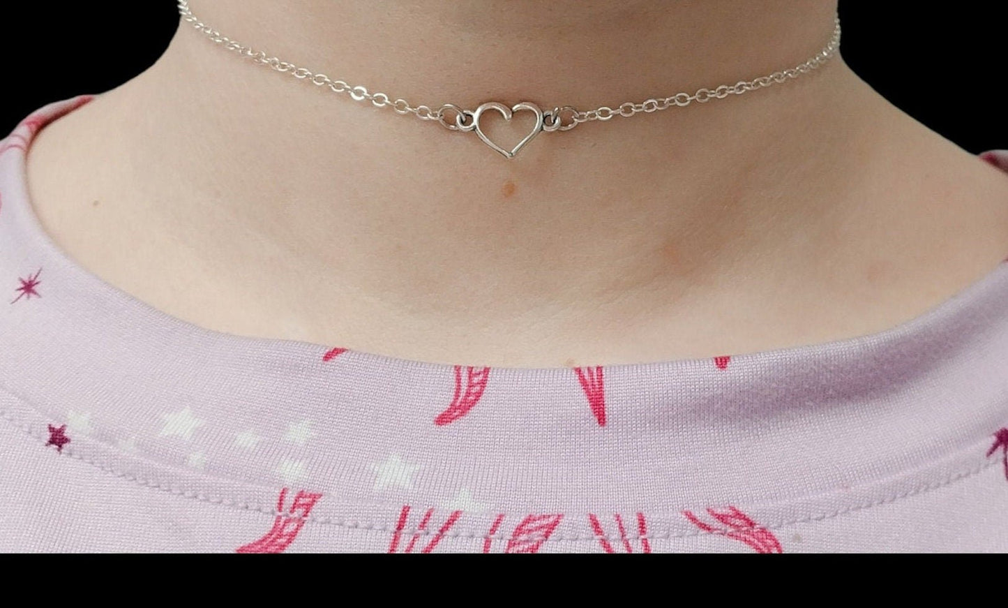 Small Simple Silver Heart Chain Choker Necklace, Minimalist Jewelry For Women, Cute Dainty Heart Chain Necklace - Moon & Starr Handcrafted Jewelry && More!
