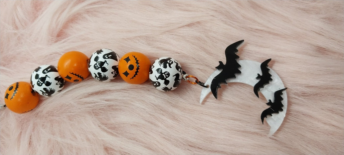 Spooky Halloween Beaded Keychain With Bats On Moon Charm, Orange And White Wooden Beaded , Cute Simple Keychain - Moon & Starr Handcrafted Jewelry && More!