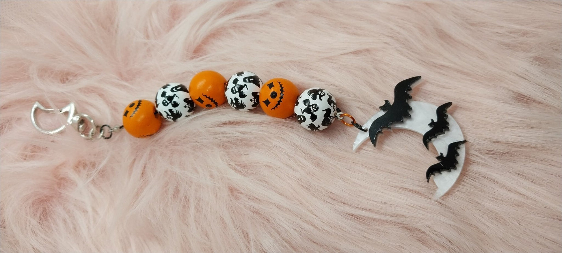 Spooky Halloween Beaded Keychain With Bats On Moon Charm, Orange And White Wooden Beaded , Cute Simple Keychain - Moon & Starr Handcrafted Jewelry && More!