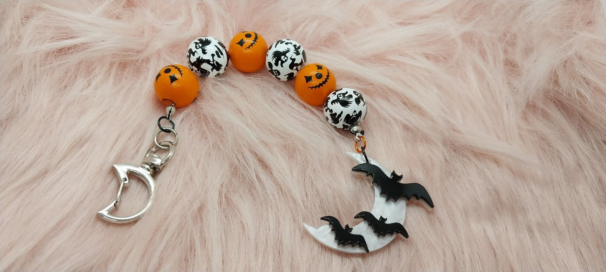 Spooky Halloween Beaded Keychain With Bats On Moon Charm, Orange And White Wooden Beaded , Cute Simple Keychain - Moon & Starr Handcrafted Jewelry && More!