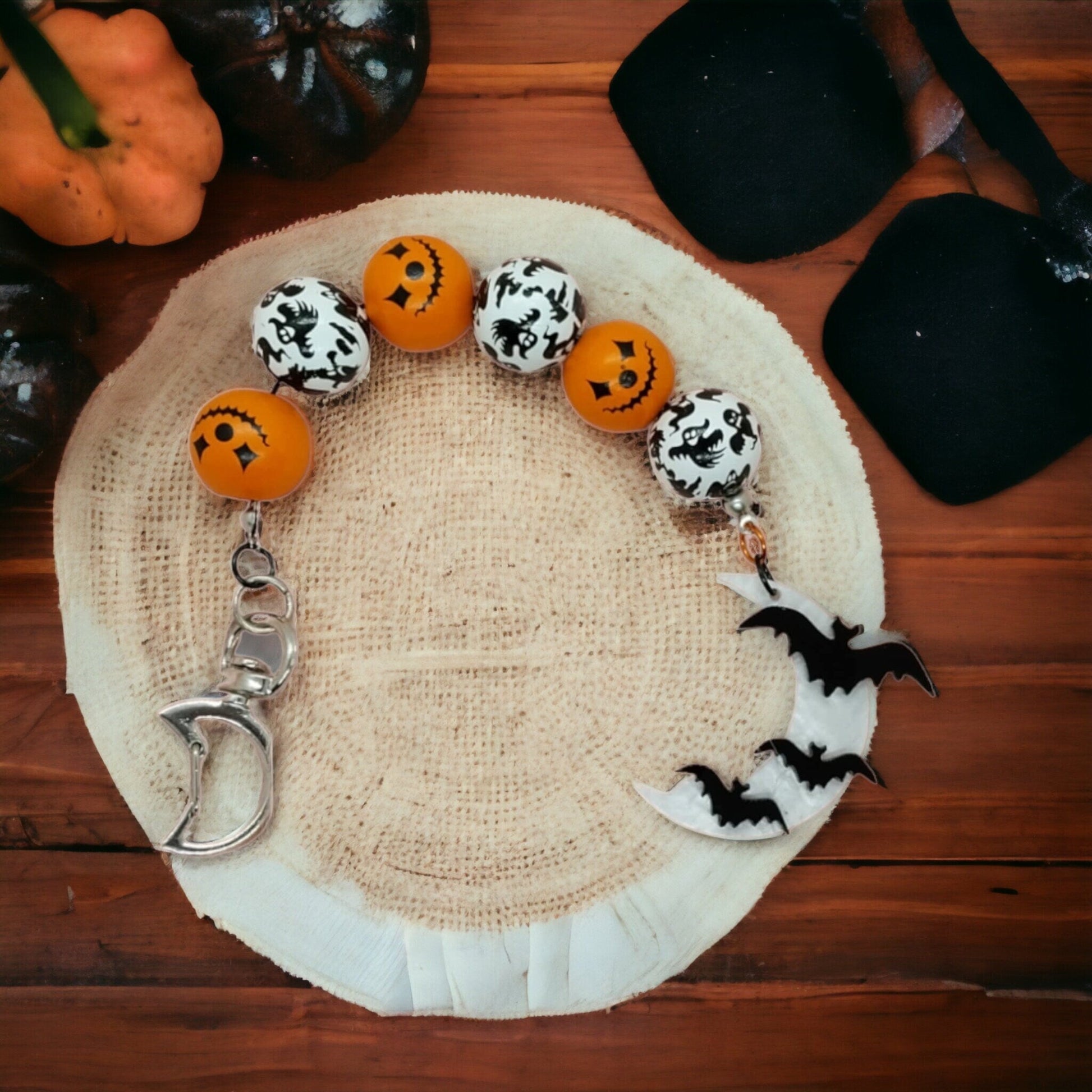 Spooky Halloween Beaded Keychain With Bats On Moon Charm, Orange And White Wooden Beaded , Cute Simple Keychain - Moon & Starr Handcrafted Jewelry && More!