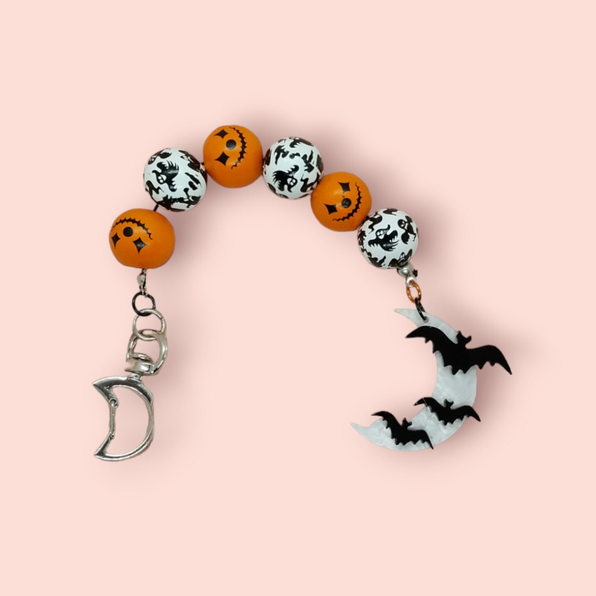 Spooky Halloween Beaded Keychain With Bats On Moon Charm, Orange And White Wooden Beaded , Cute Simple Keychain - Moon & Starr Handcrafted Jewelry && More!