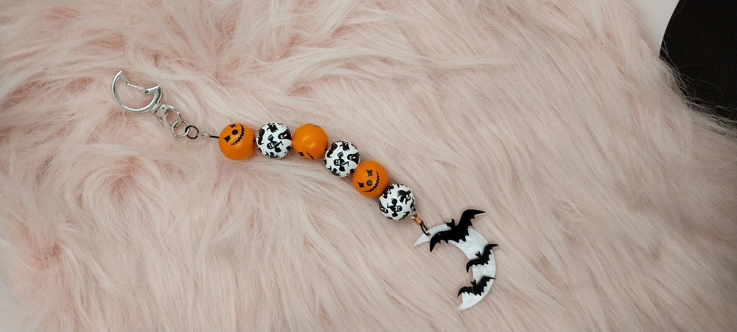 Spooky Halloween Beaded Keychain With Bats On Moon Charm, Orange And White Wooden Beaded , Cute Simple Keychain - Moon & Starr Handcrafted Jewelry && More!