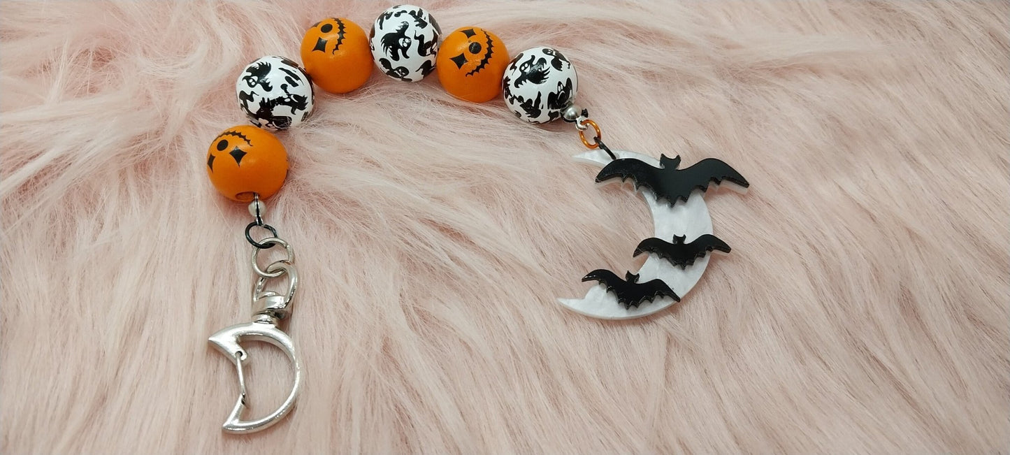 Spooky Halloween Beaded Keychain With Bats On Moon Charm, Orange And White Wooden Beaded , Cute Simple Keychain - Moon & Starr Handcrafted Jewelry && More!