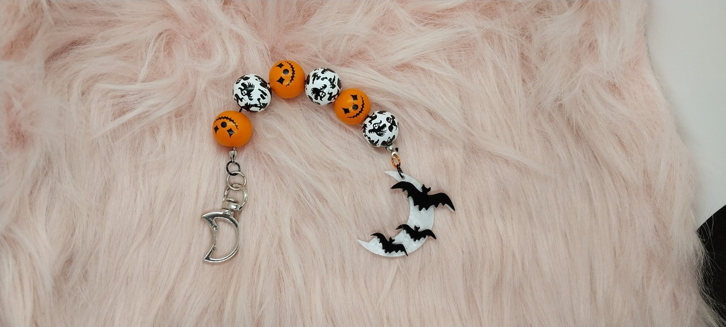 Spooky Halloween Beaded Keychain With Bats On Moon Charm, Orange And White Wooden Beaded , Cute Simple Keychain - Moon & Starr Handcrafted Jewelry && More!