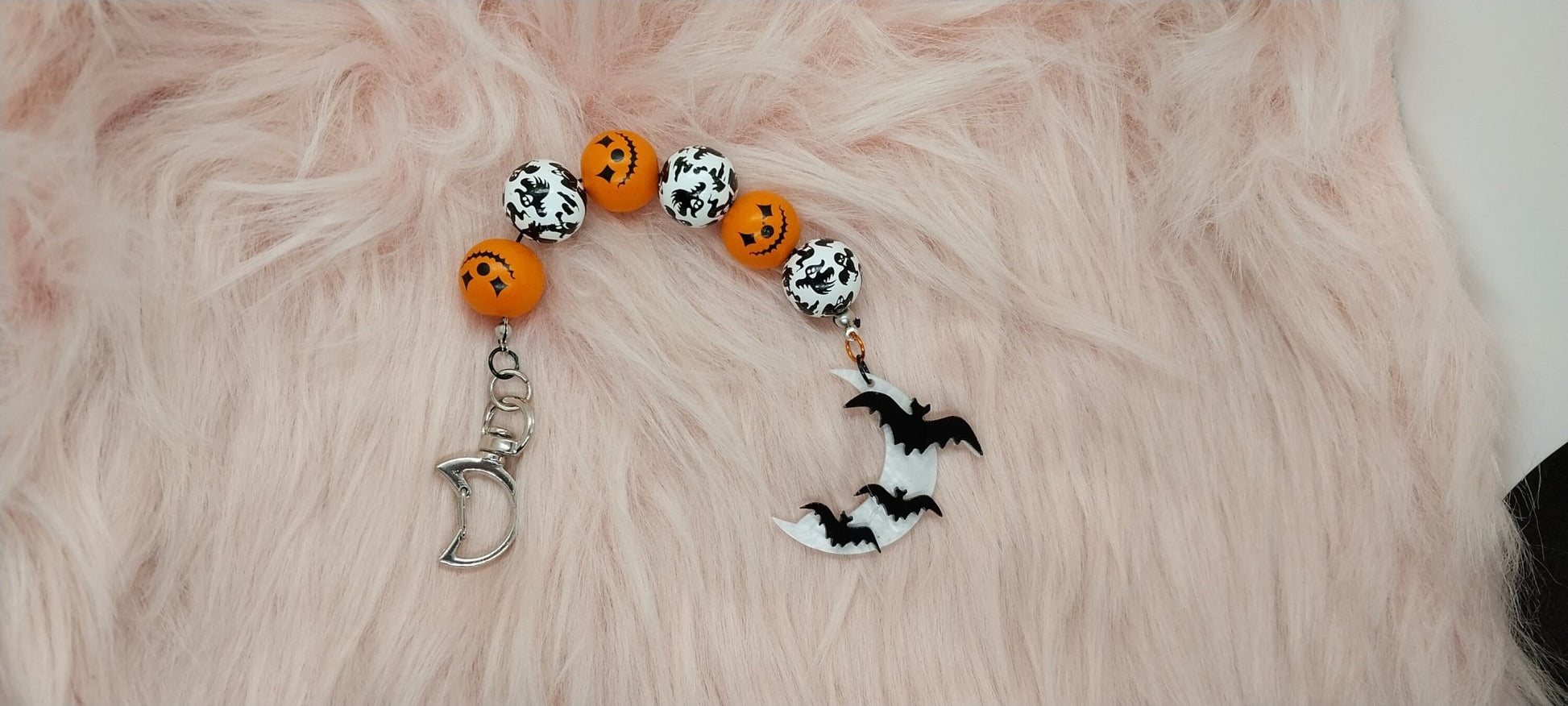 Spooky Halloween Beaded Keychain With Bats On Moon Charm, Orange And White Wooden Beaded , Cute Simple Keychain - Moon & Starr Handcrafted Jewelry && More!