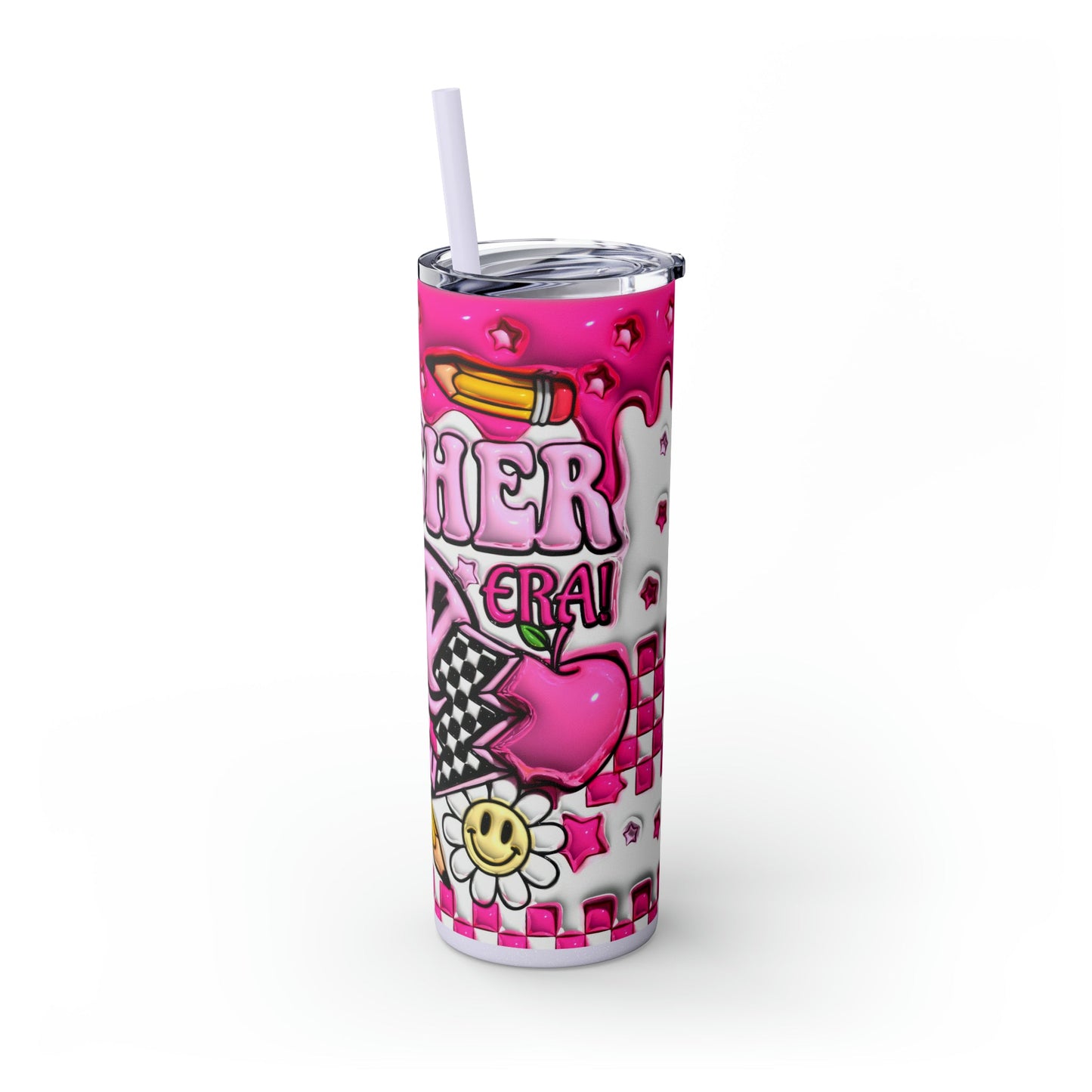 "Teacher Era" 3D Retro Style Skinny Tumbler with Straw, 20oz - Moon & Starr Handcrafted Jewelry && More!