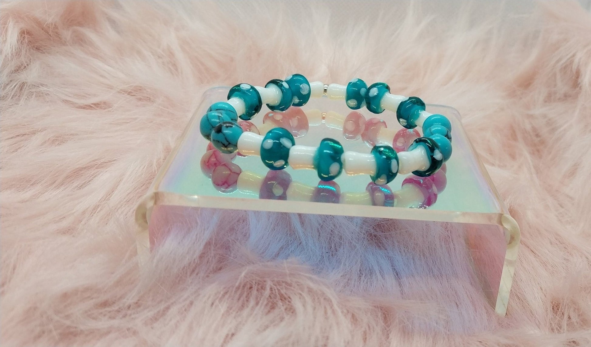 Turquoise Stone And Glass Mushroom Beaded Bracelet, Crystal and Glass Beaded Bracelets, Gifts For Her, Bracelets For Women, Unique Handmade - Moon & Starr Handcrafted Jewelry && More!