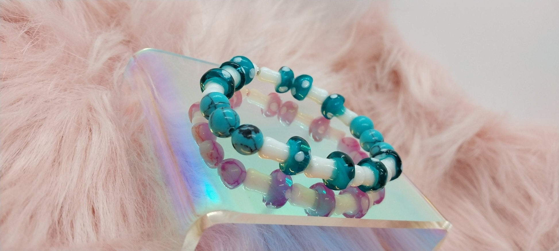 Turquoise Stone And Glass Mushroom Beaded Bracelet, Crystal and Glass Beaded Bracelets, Gifts For Her, Bracelets For Women, Unique Handmade - Moon & Starr Handcrafted Jewelry && More!