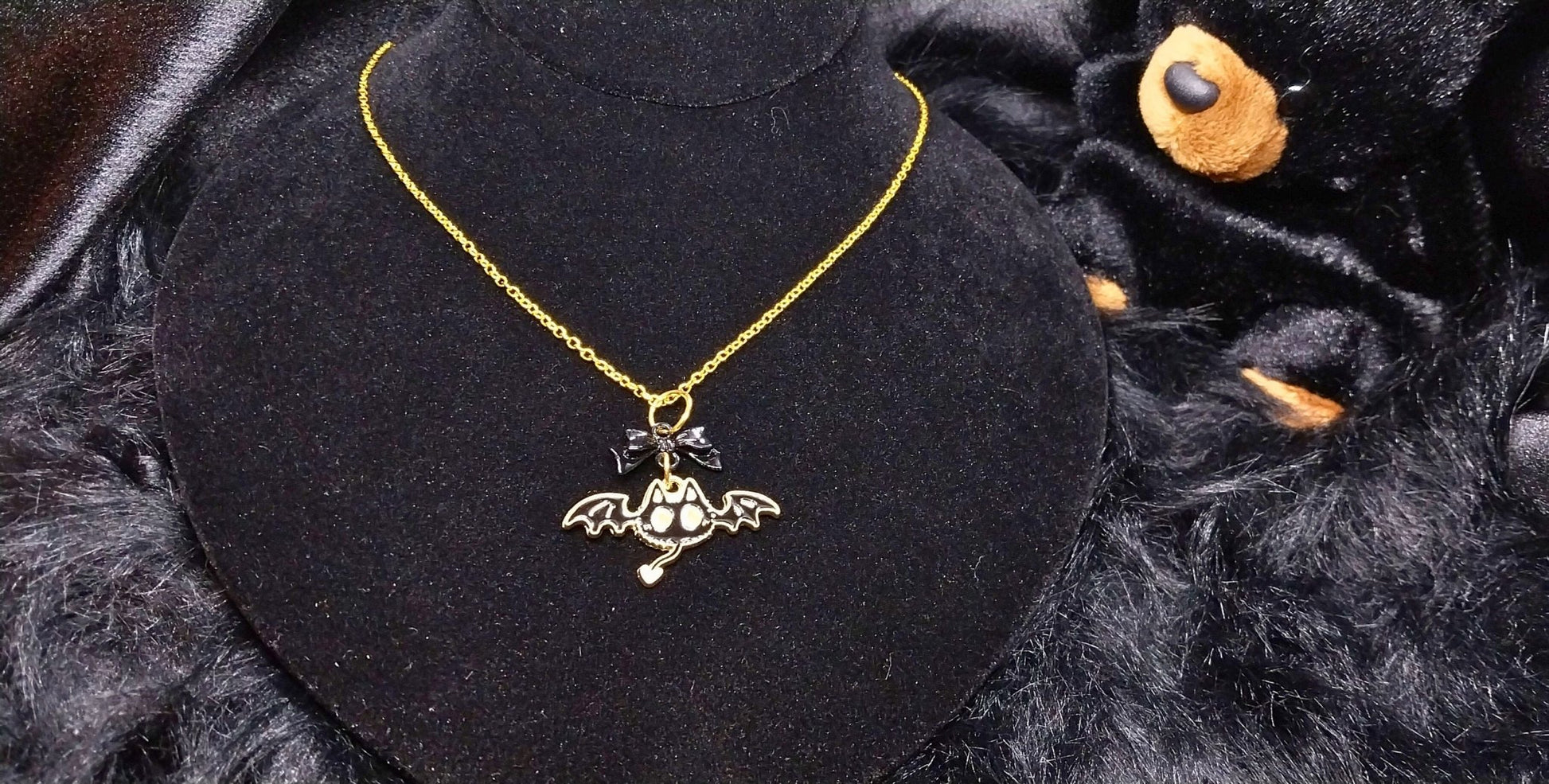 Unique Halloween Bat Bow Necklace For Goth/Emo/Punk/Alt Women On Golden Chain - Moon & Starr Handcrafted Jewelry && More!