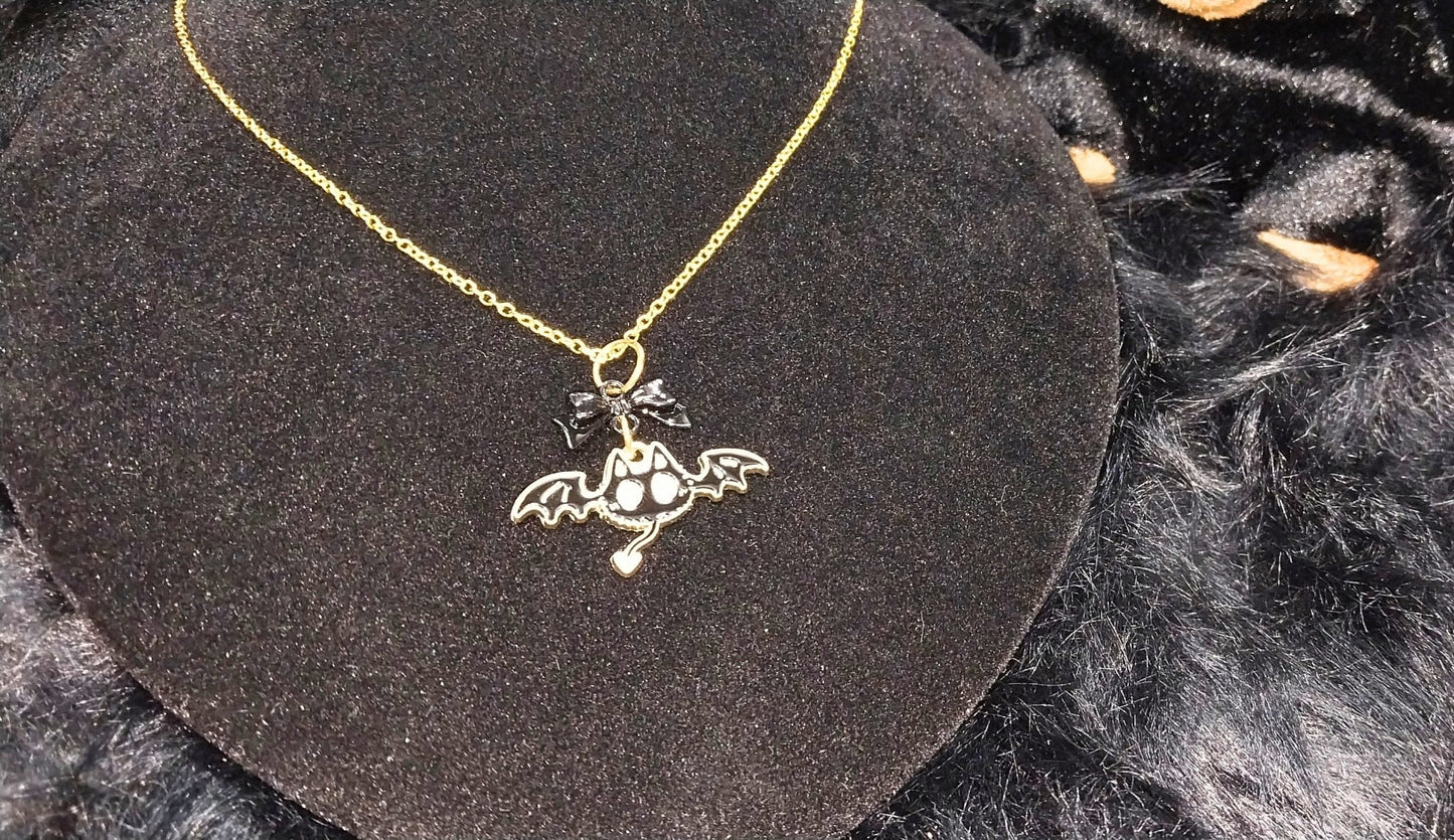 Unique Halloween Bat Bow Necklace For Goth/Emo/Punk/Alt Women On Golden Chain - Moon & Starr Handcrafted Jewelry && More!