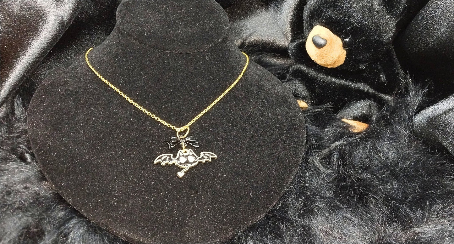 Unique Halloween Bat Bow Necklace For Goth/Emo/Punk/Alt Women On Golden Chain - Moon & Starr Handcrafted Jewelry && More!