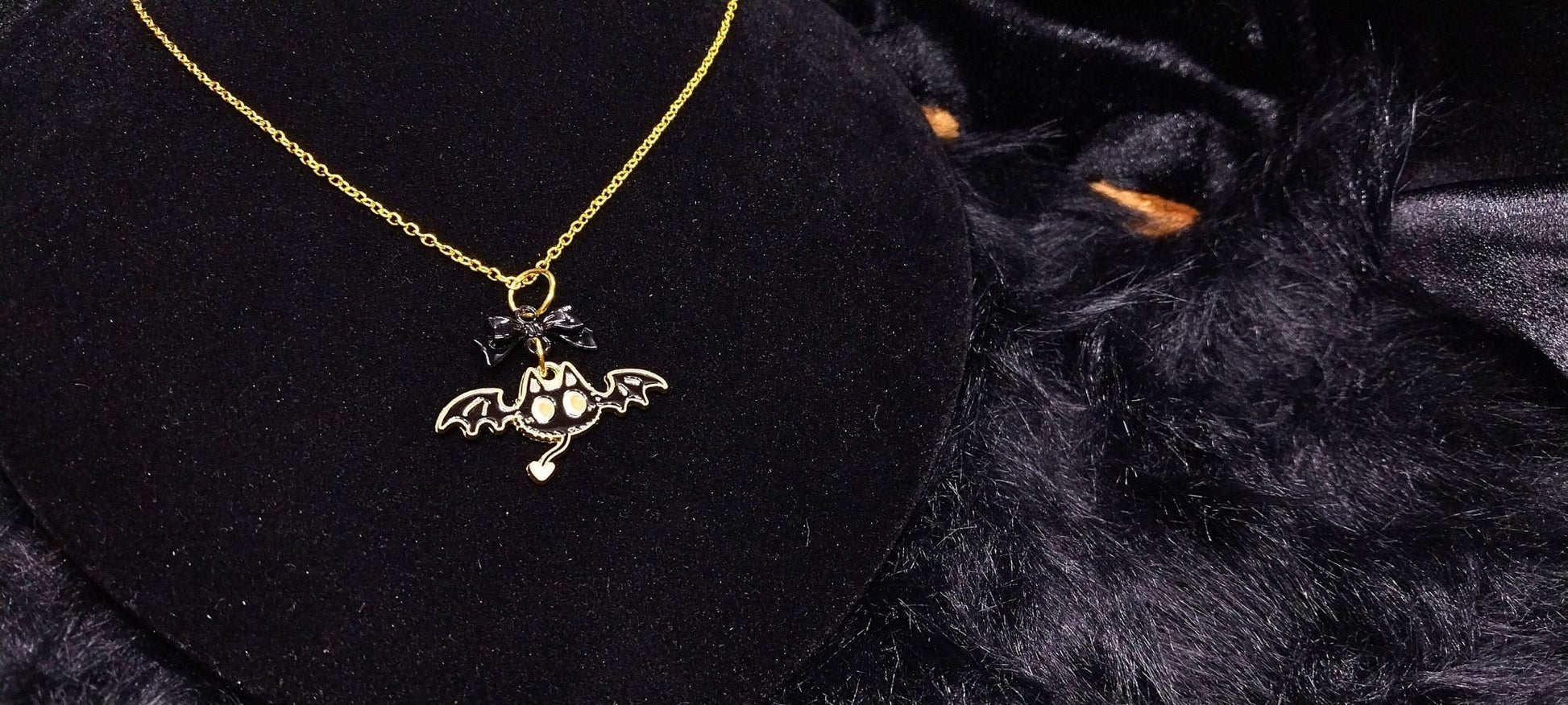 Unique Halloween Bat Bow Necklace For Goth/Emo/Punk/Alt Women On Golden Chain - Moon & Starr Handcrafted Jewelry && More!