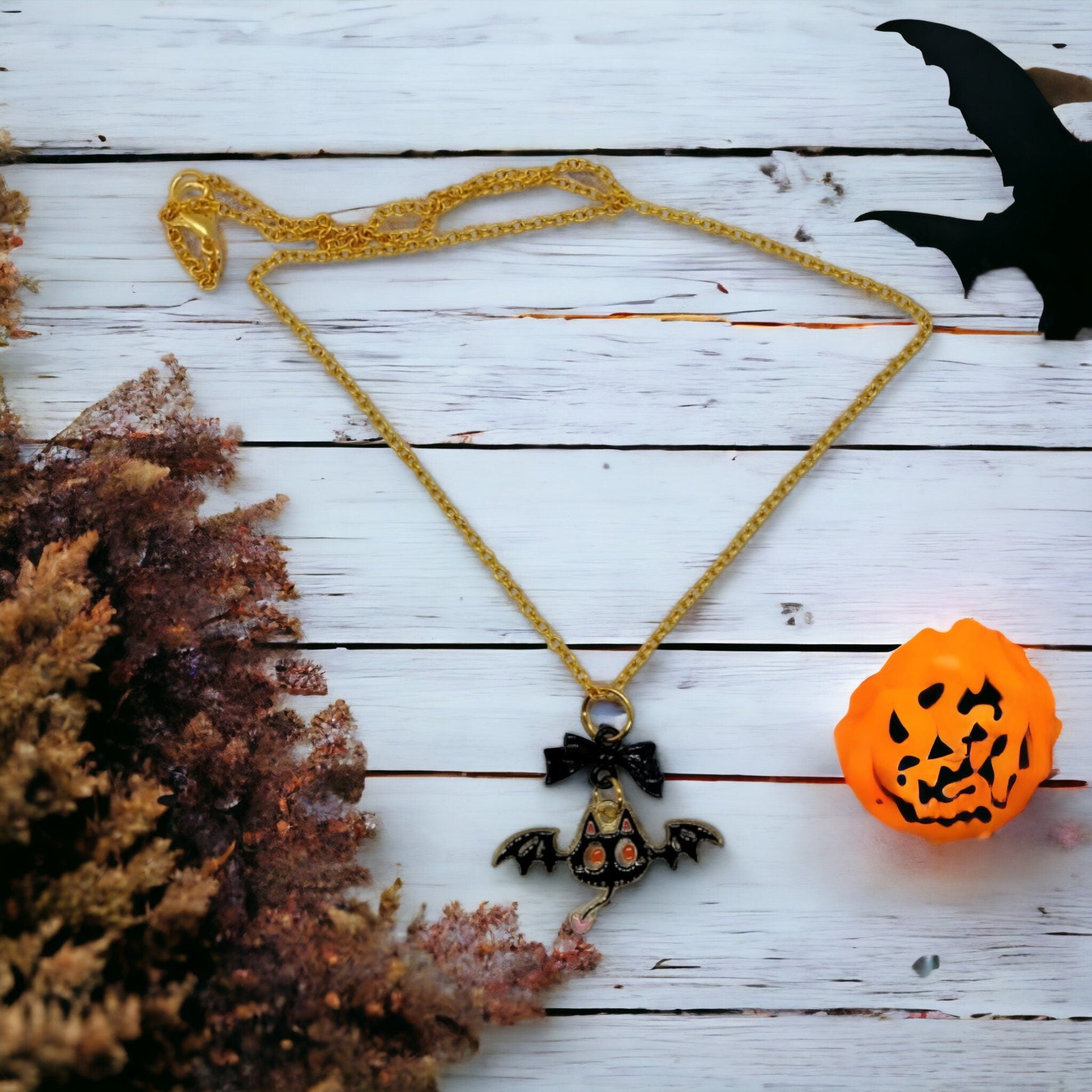 Unique Halloween Bat Bow Necklace For Goth/Emo/Punk/Alt Women On Golden Chain - Moon & Starr Handcrafted Jewelry && More!