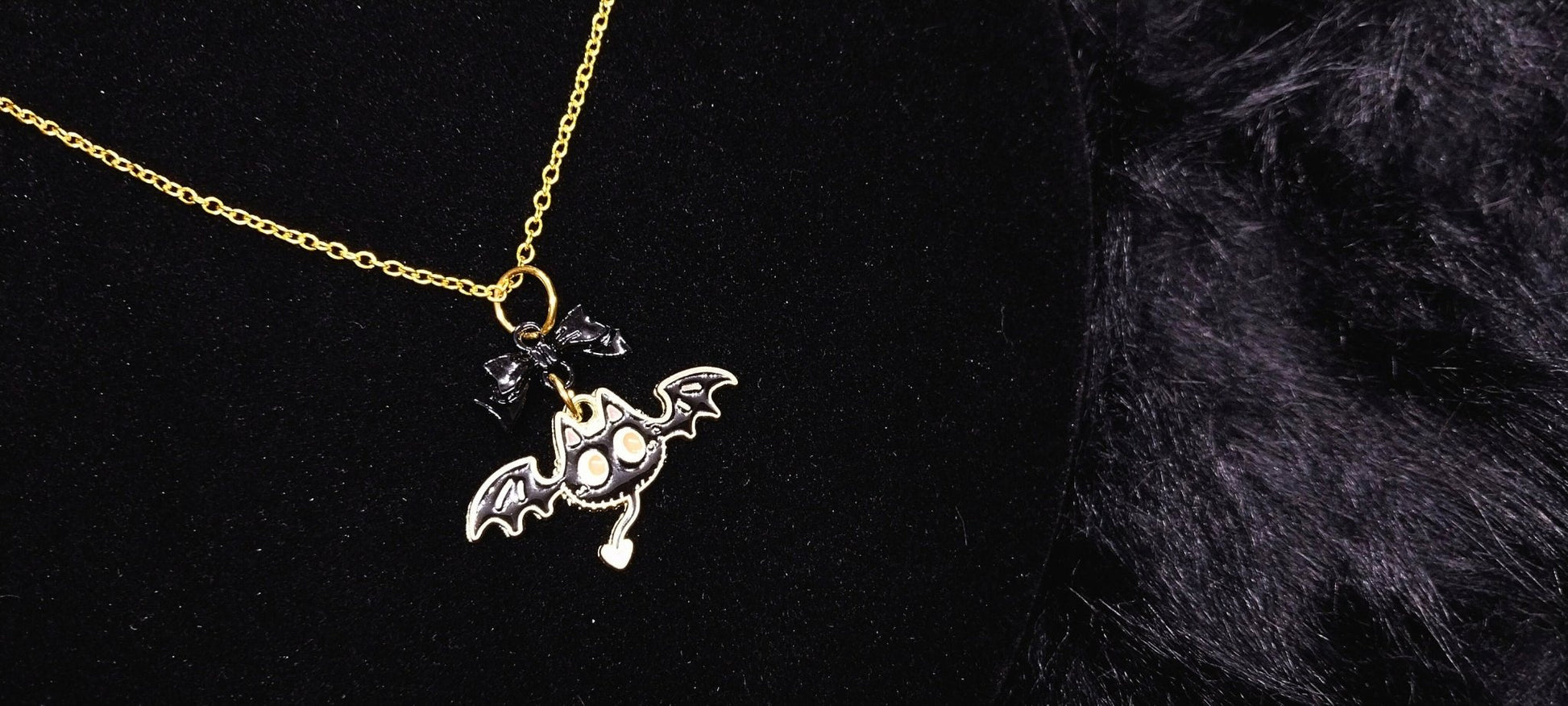 Unique Halloween Bat Bow Necklace For Goth/Emo/Punk/Alt Women On Golden Chain - Moon & Starr Handcrafted Jewelry && More!