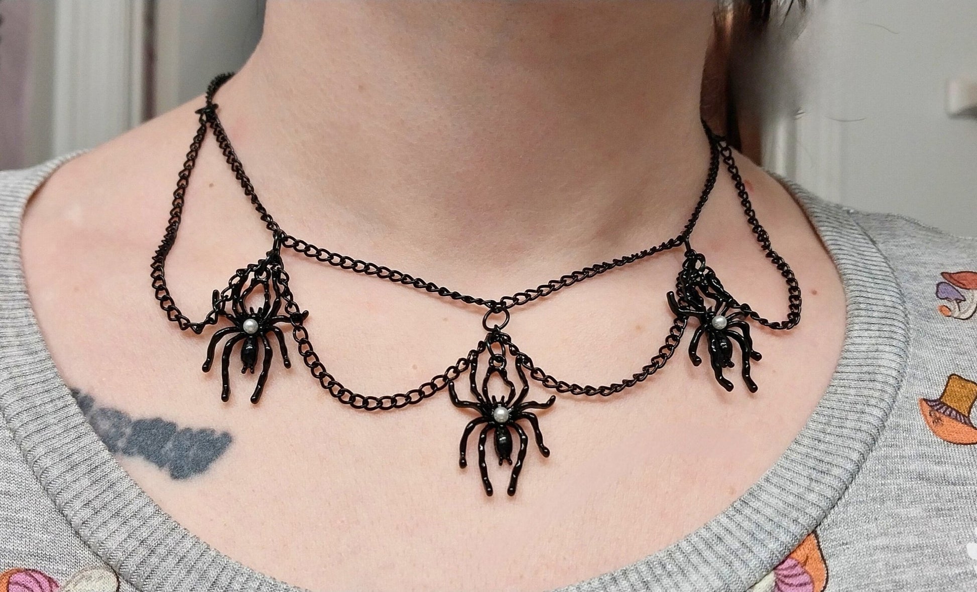 Unique Handmade Halloween Chain Choker With Spider Charms For Goth/Emo/Punk/Alt Women - Moon & Starr Handcrafted Jewelry && More!