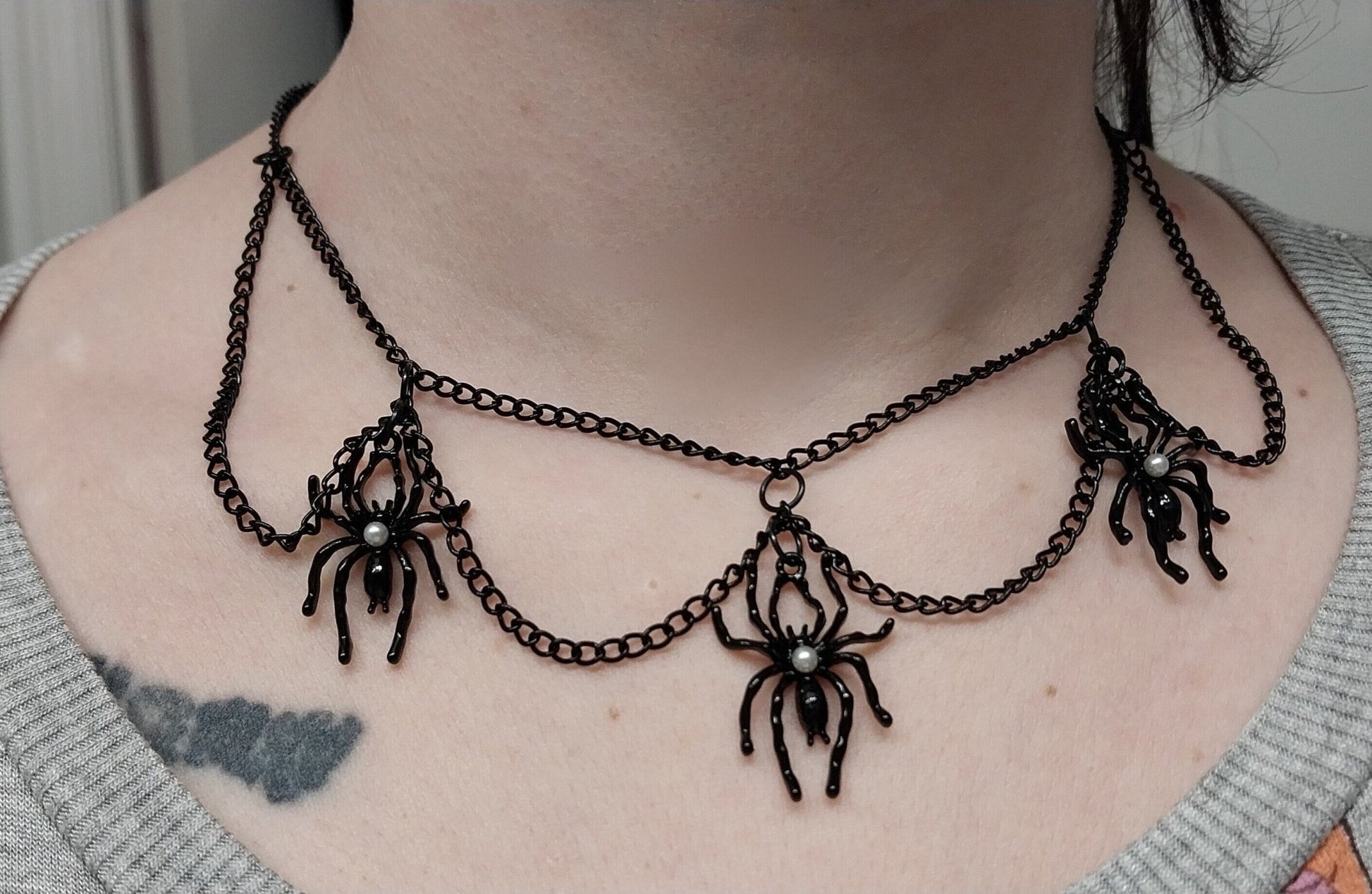 Unique Handmade Halloween Chain Choker With Spider Charms For Goth/Emo/Punk/Alt Women - Moon & Starr Handcrafted Jewelry && More!